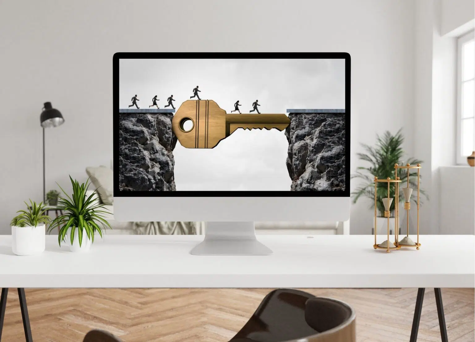 Clé faisant office de pont entre deux morceaux de route, comme l'accompagnement SEO fait office de route entre la stagnation et la réussite.