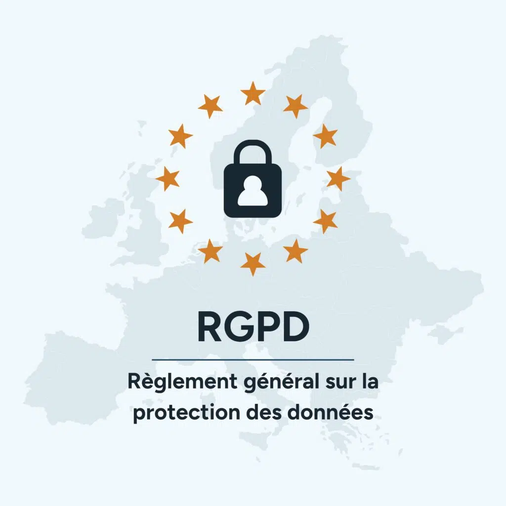 Carte de l'Europe sur laquelle se trouve l'emblème de l'Union Européenne avec un cadenas au centre et le mot RGPD et sa signification en dessous.