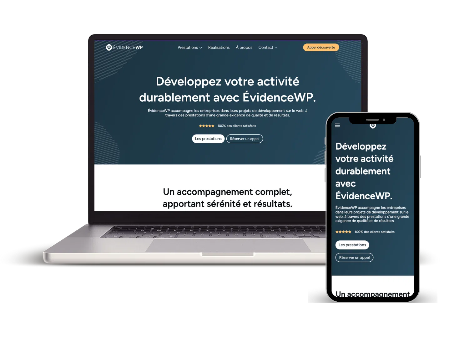 Mockup d'un Macbook et d'un Iphone montrant la page d'accueil du site evidencewp.com.