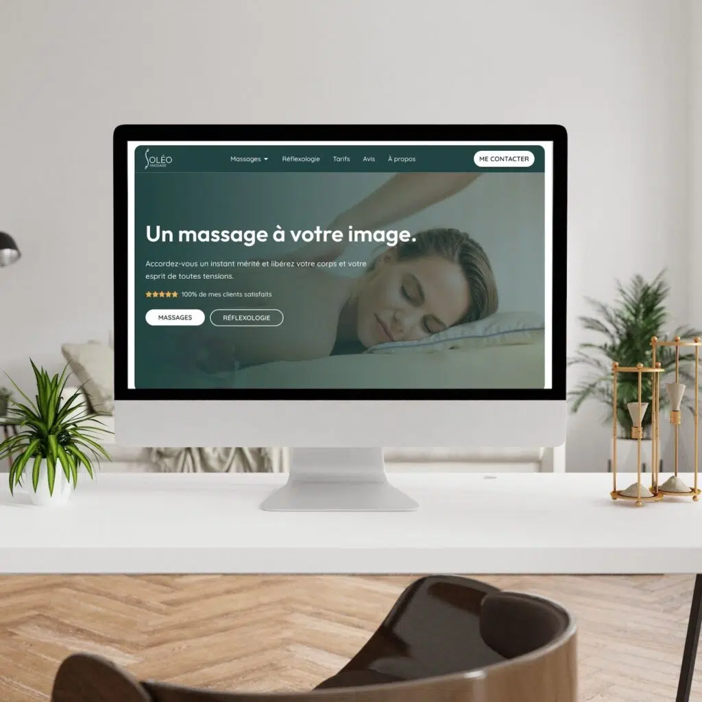 Mockup d'un ordinateur montrant le site Soléo Massage conçu par ÉvidenceWP.