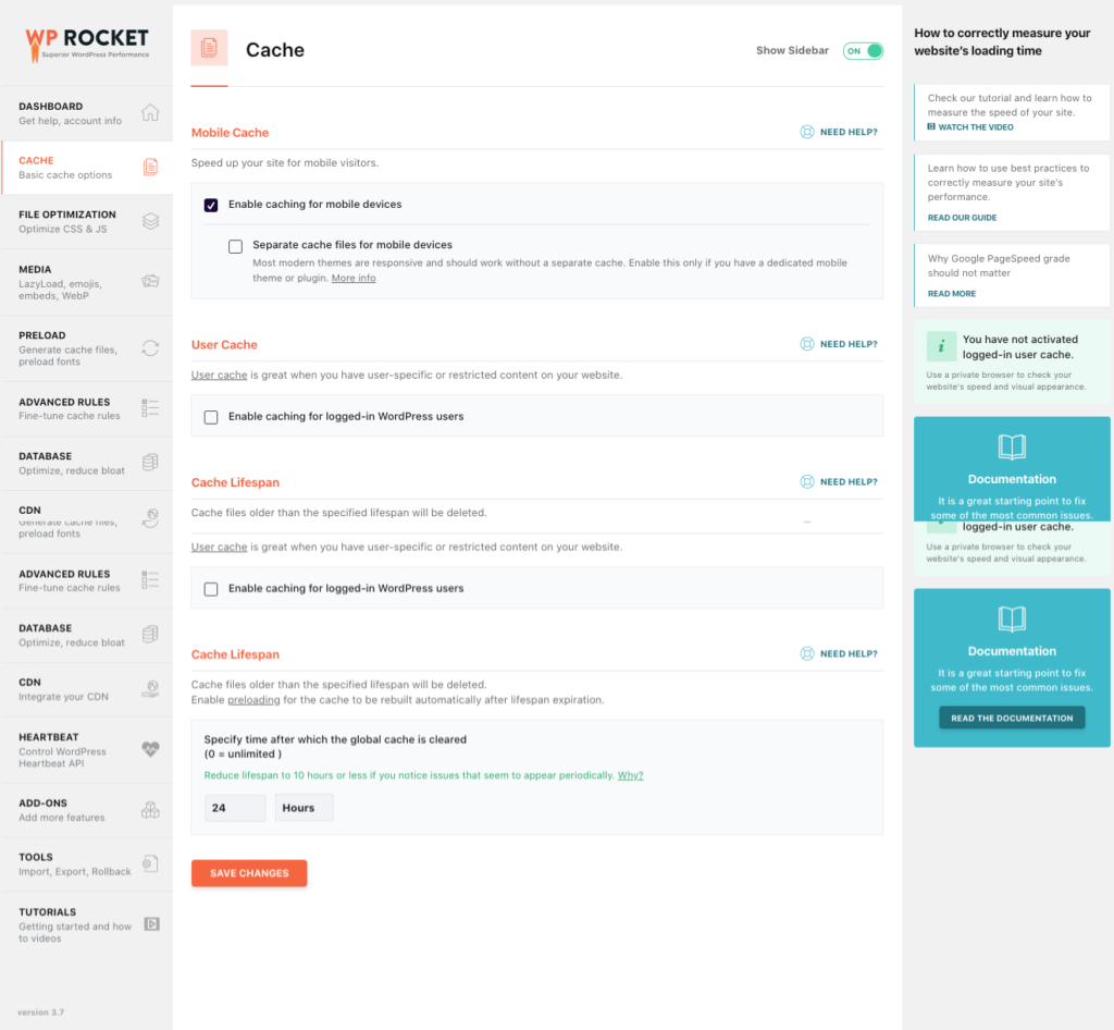Interface de la section de réglages de cache, de l'extension WordPress WP Rocket.