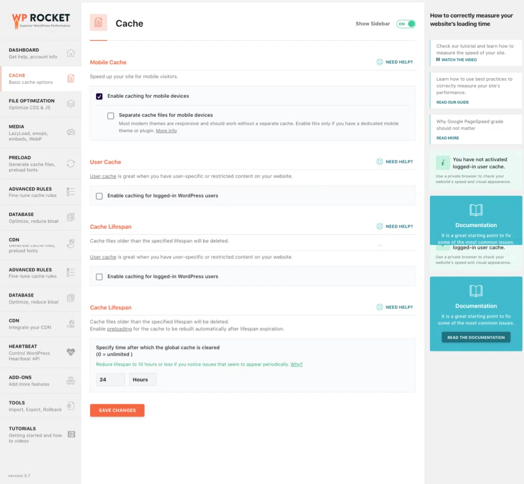 Interface de la section de réglages de cache, de l'extension WordPress WP Rocket.