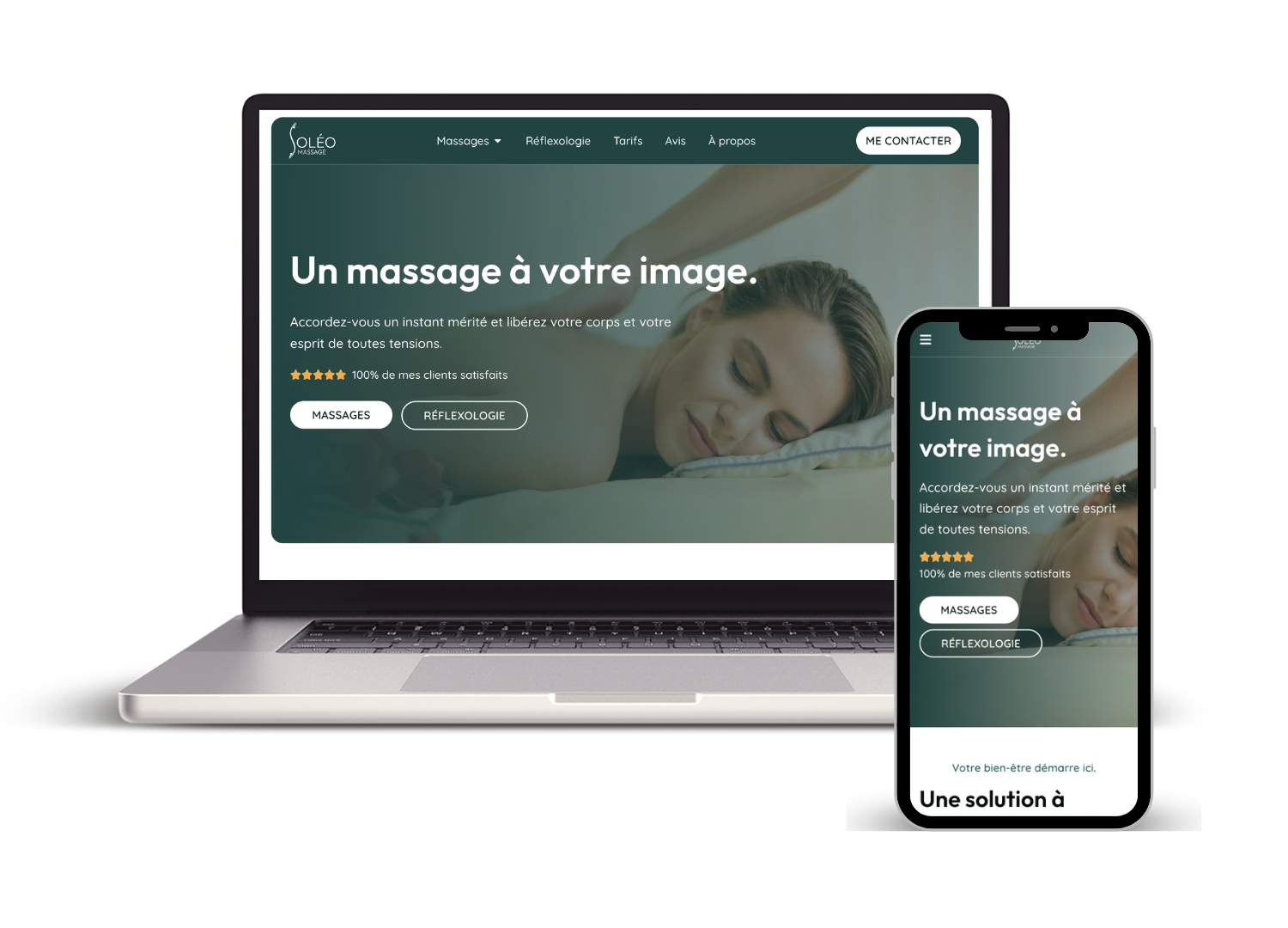 Mockup d'un Macbook et d'un Iphone montrant la page d'accueil du site soleomassage.fr.