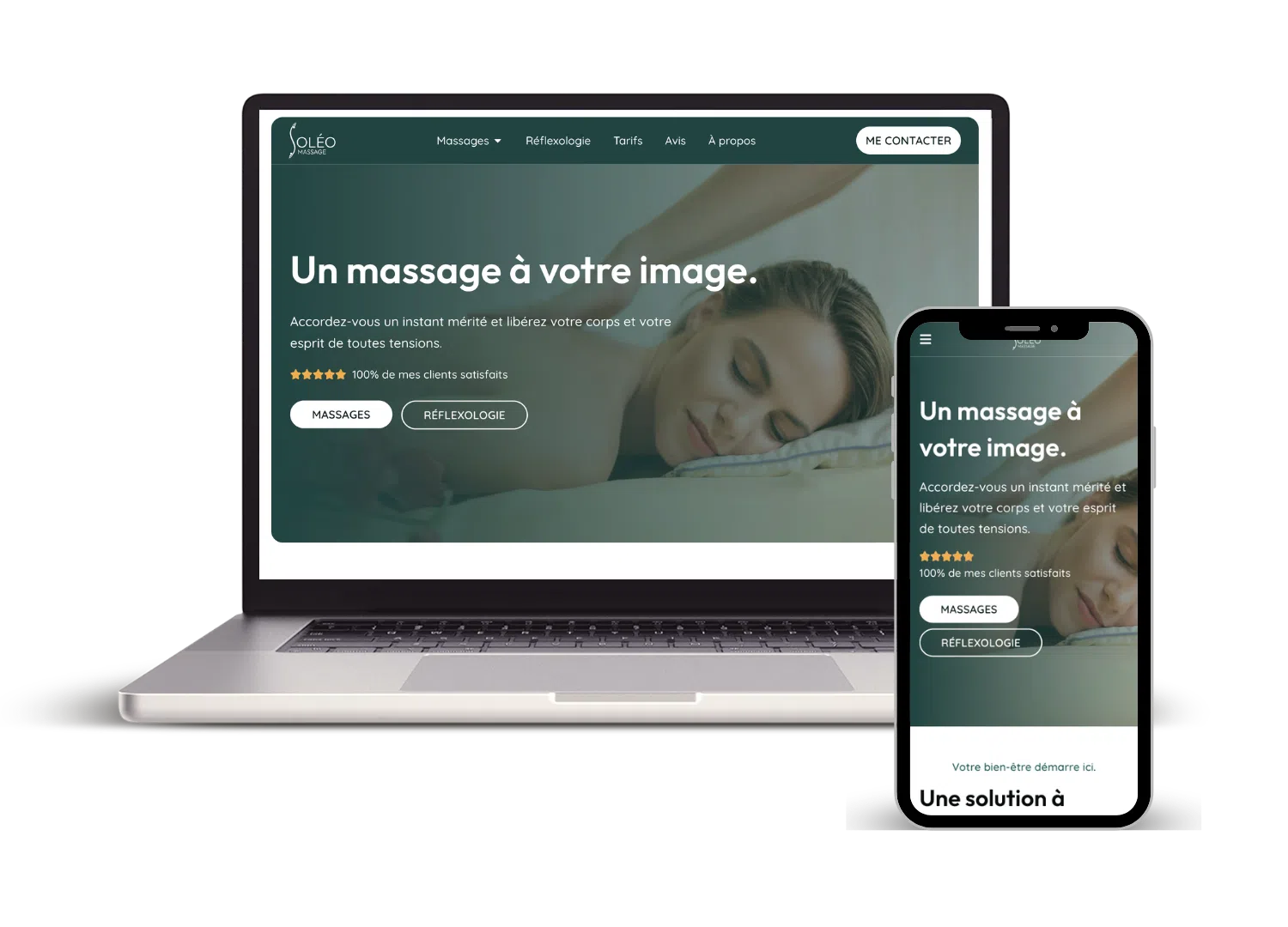 Mockup d'un Macbook et d'un Iphone montrant la page d'accueil du site soleomassage.fr.