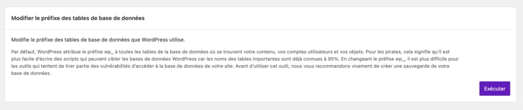 Capture d'écran de l'option permettant de modifier le préfixe de la base de données sur Solid Security.