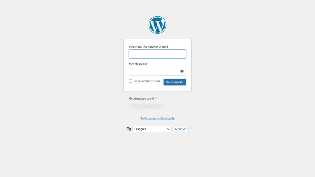 Page de connexion à l'administration du CMS WordPress.