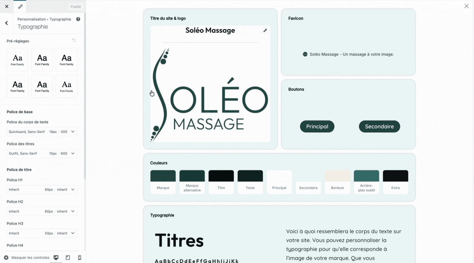 Interface de personnalisation de l'identité visuelle avec le thème Astra.