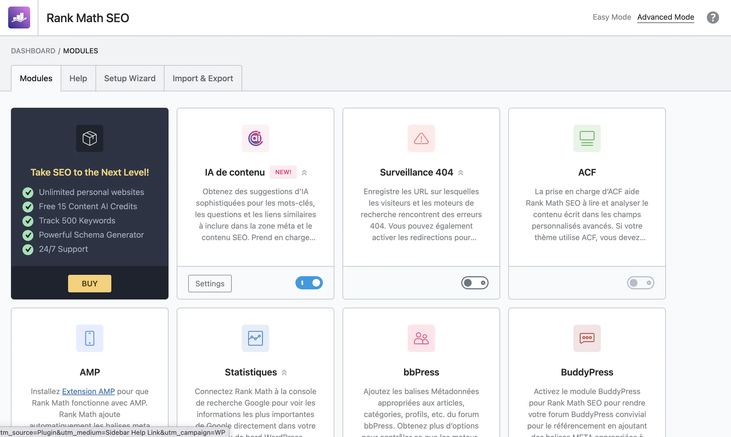 Tableau de bord de l'extension SEO WordPress RankMath.
