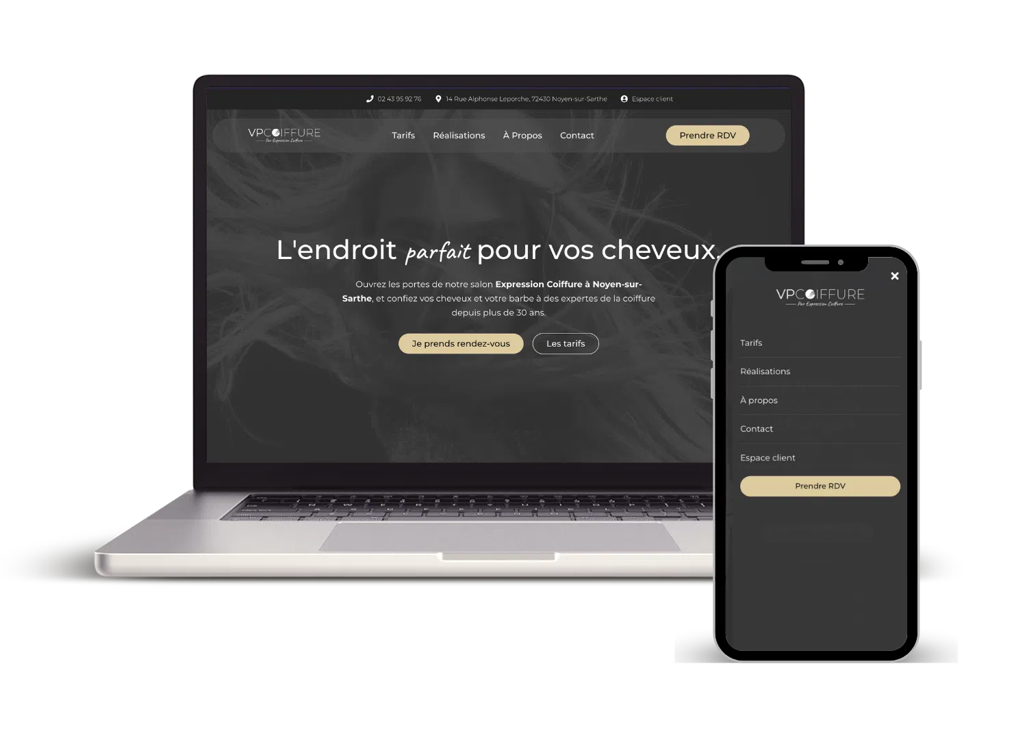 Mockup d'un Macbook et d'un Iphone montrant la page d'accueil du site vpcoiffure.fr.