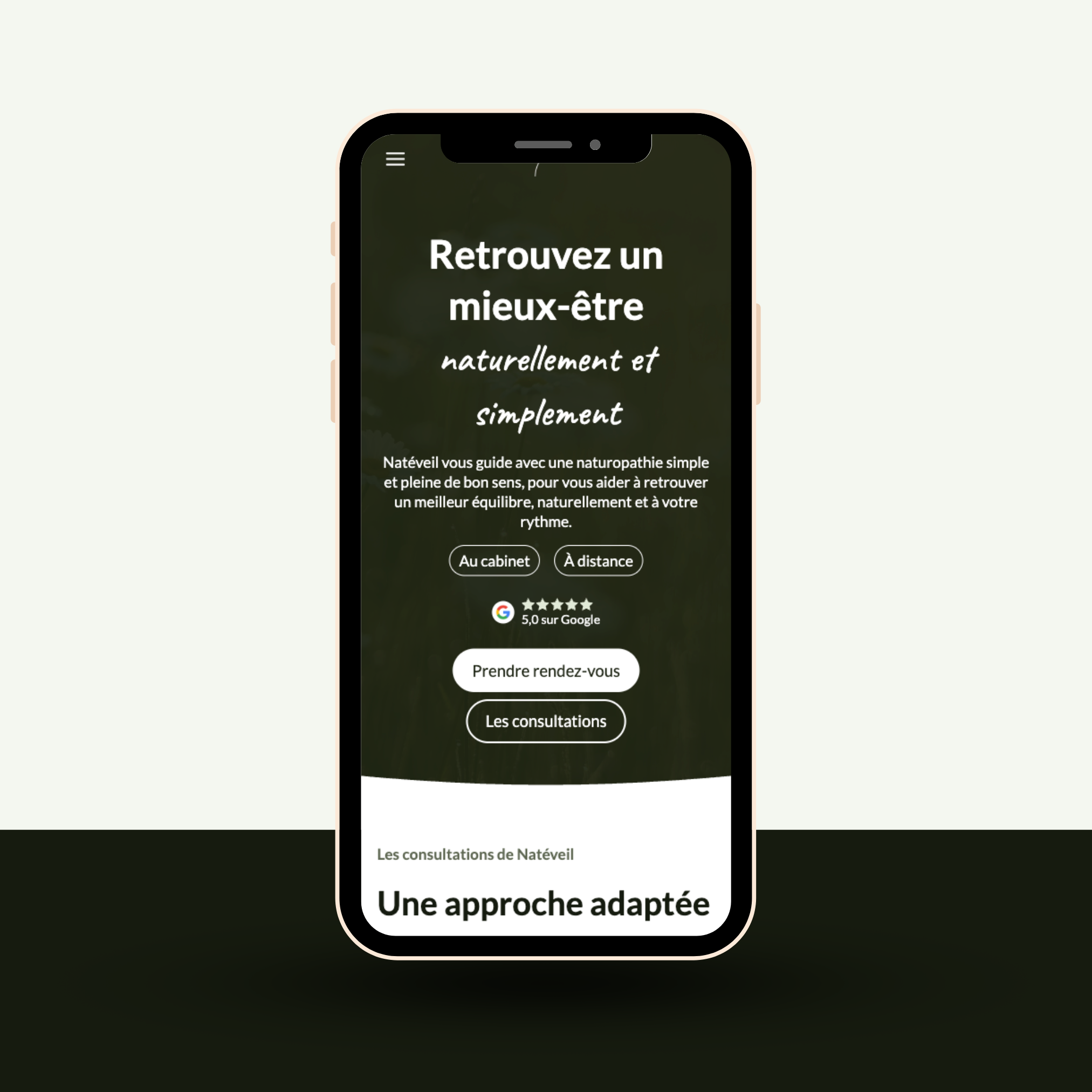 Mockup du site nateveil.com sur mobile.