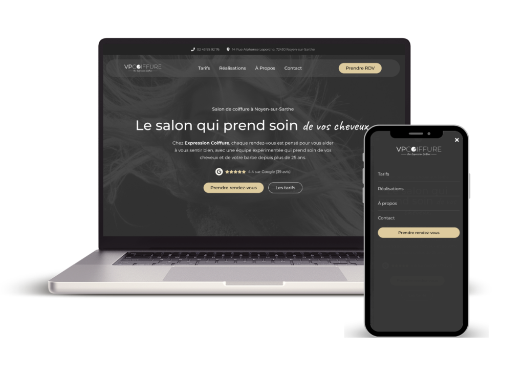 Mockup d'un Macbook et d'un Iphone montrant la page d'accueil du site vpcoiffure.fr.