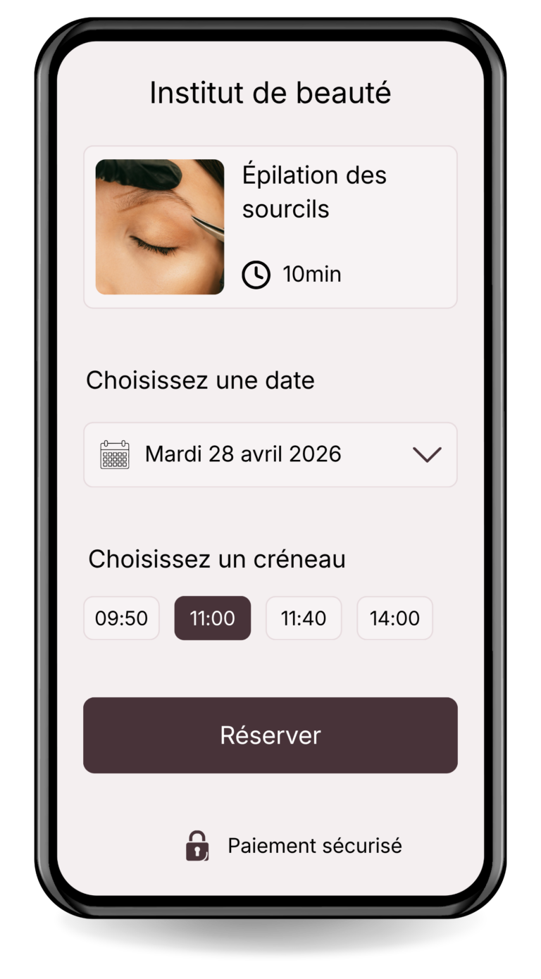 Mockup d'un téléphone sur lequel on distingue un formulaire de prise de rendez-vous pour un institut de beauté.