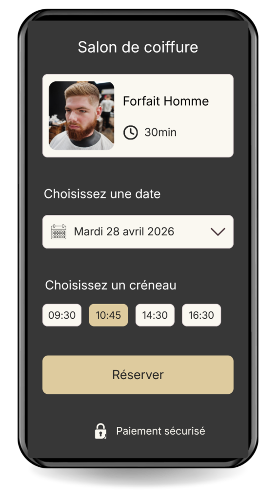 Mockup d'un téléphone sur lequel on distingue un formulaire de prise de rendez-vous pour salon de coiffure.