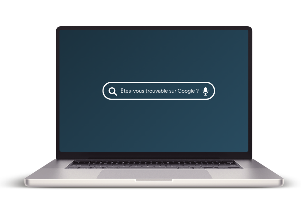 Mockup d'un macbook sur lequel on voit une barre de recherche dans laquelle est écrit "êtes-vous trouvable sur Google ?".