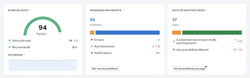 Résultats d'un audit technique SEO fait sur l'outil SE Ranking.
