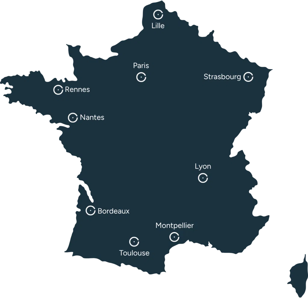 Carte de France des services de maintenance WordPress d’ÉvidenceWP à Paris, Lyon, Lille, Strasbourg, Nantes, Rennes, Bordeaux, Toulouse et Montpellier.