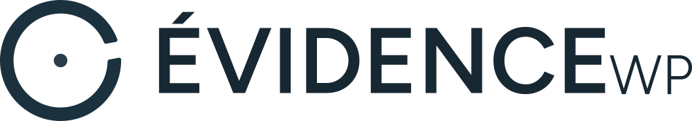 Logo ÉvidenceWP bleu composé d’un pictogramme circulaire ouvert avec un point central et du nom de marque ÉvidenceWP