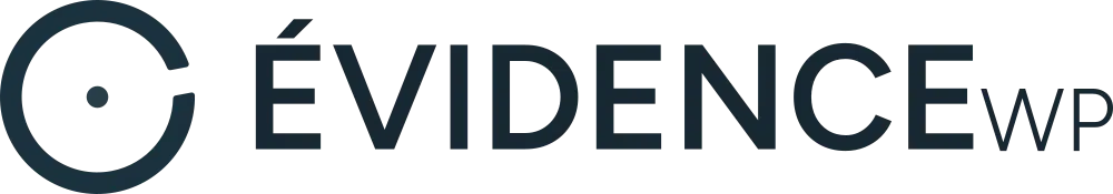 Logo ÉvidenceWP bleu composé d’un pictogramme circulaire ouvert avec un point central et du nom de marque ÉvidenceWP