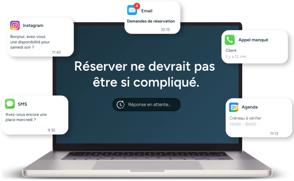Illustration d’un ordinateur montrant des demandes de réservation dispersées entre Instagram, SMS, email, appel manqué et agenda, avec le message “Réserver ne devrait pas être si compliqué”.