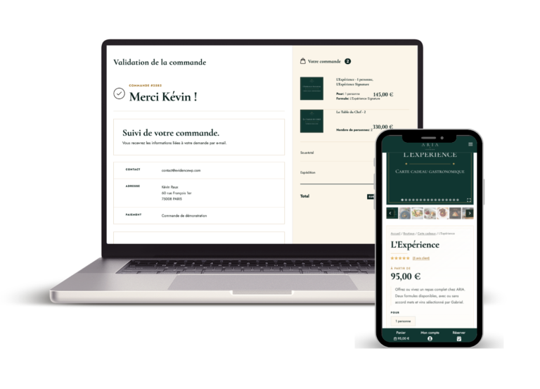 Boutique WooCommerce optimisée pour mobile et page de validation de commande sur ordinateur