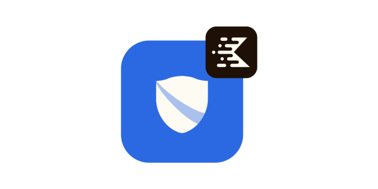 Icône de l'extension de sécurité WordPress Kadence Security, représentant un bouclier dans un carré arrondi bleu, et le logo KadenceWP blanc en haut à droite dans un carré arrondi noir.