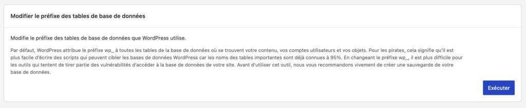 Interface Kadence Security pour changer le préfixe de la base de données WordPress