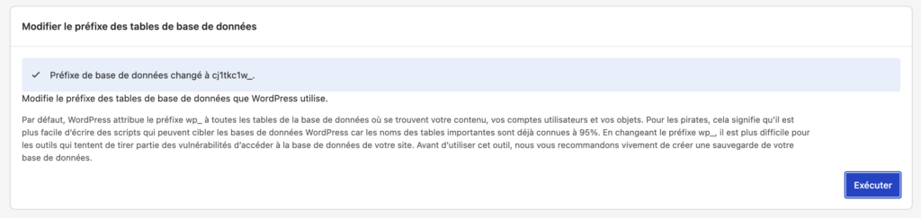 Confirmation du changement de préfixe de la base de données WordPress dans Kadence Security