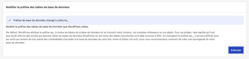 Confirmation du changement de préfixe de la base de données WordPress dans Kadence Security