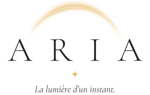 Logo du restaurant fictif ARIA restaurant, montrant une arche lumineuse au dessus de mot "ARIA", ainsi qu'une petite étoile de séparation et la citation "La lumière d'un instant".