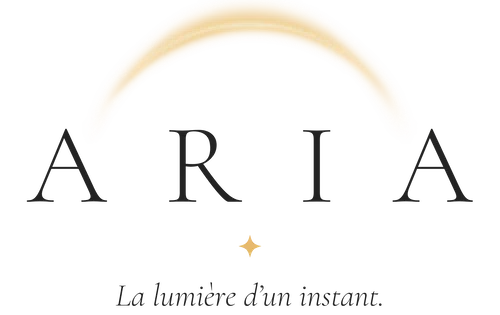 Logo du restaurant fictif ARIA restaurant, montrant une arche lumineuse au dessus de mot "ARIA", ainsi qu'une petite étoile de séparation et la citation "La lumière d'un instant".