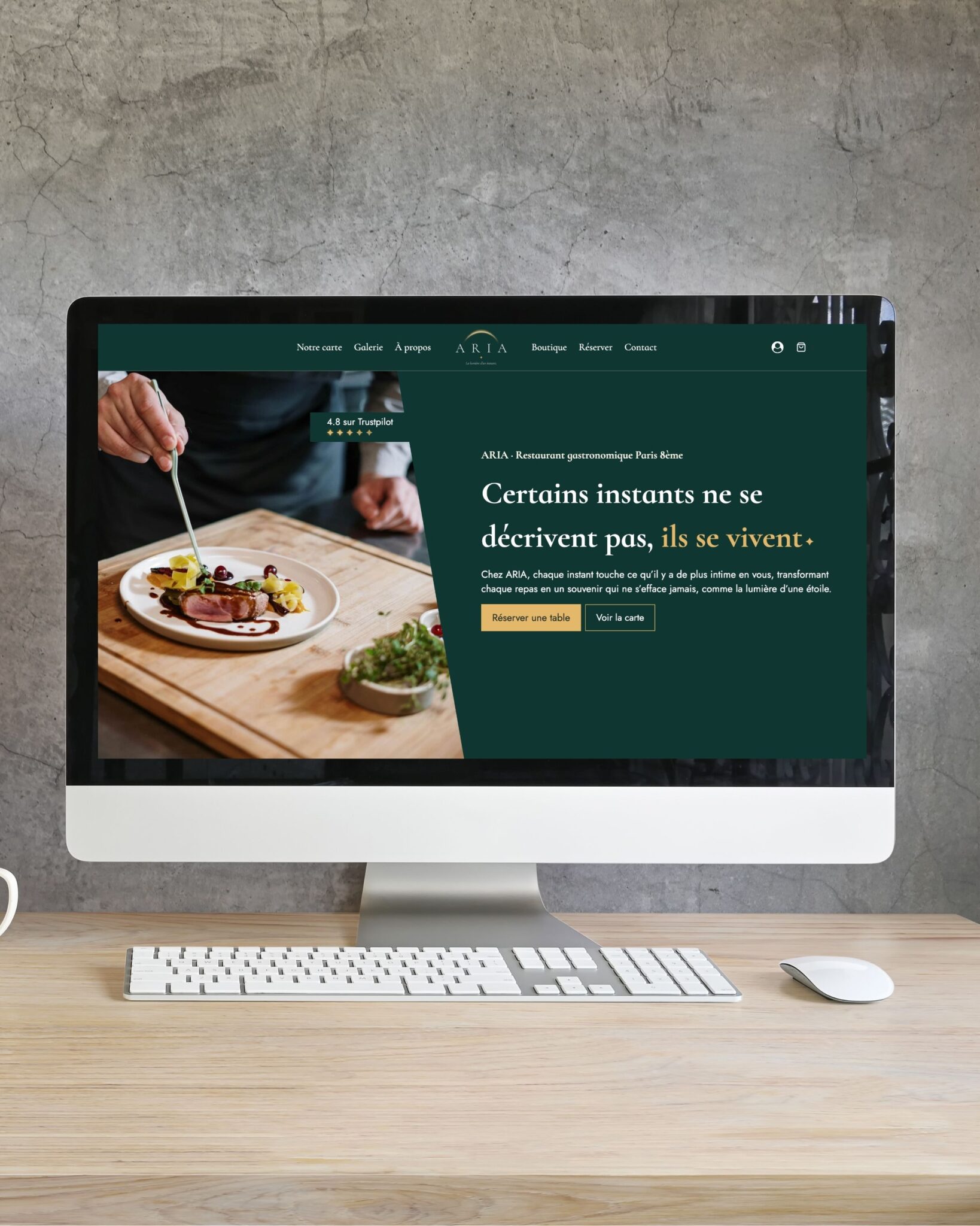 Mockup d'un ordinateur montrant la page d'accueil du site de démonstration ARIA Restaurant.
