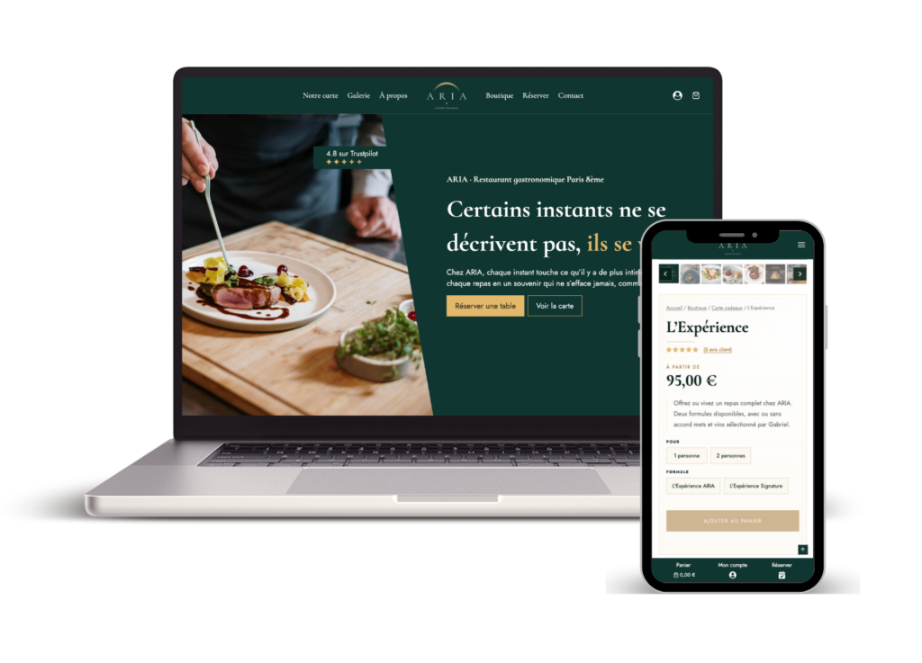 Mockup d'un Macbook et d'un Iphone montrant la page d'accueil du site de démonstration ARIA restaurant ainsi que la page produit de "l'Expérience".