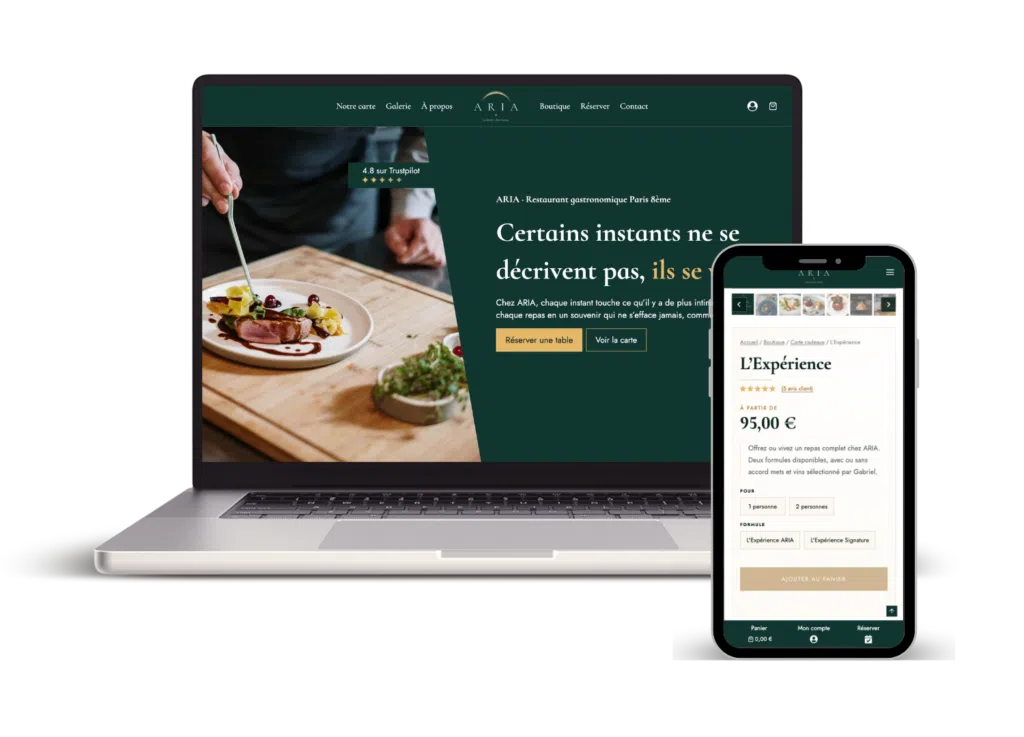 Mockup d'un Macbook et d'un Iphone montrant la page d'accueil du site de démonstration ARIA restaurant ainsi que la page produit de "l'Expérience".