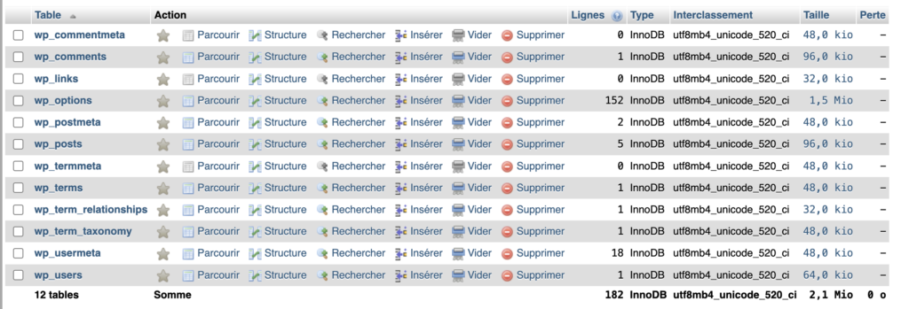 Liste des tables WordPress avec le préfixe wp_ dans phpMyAdmin.