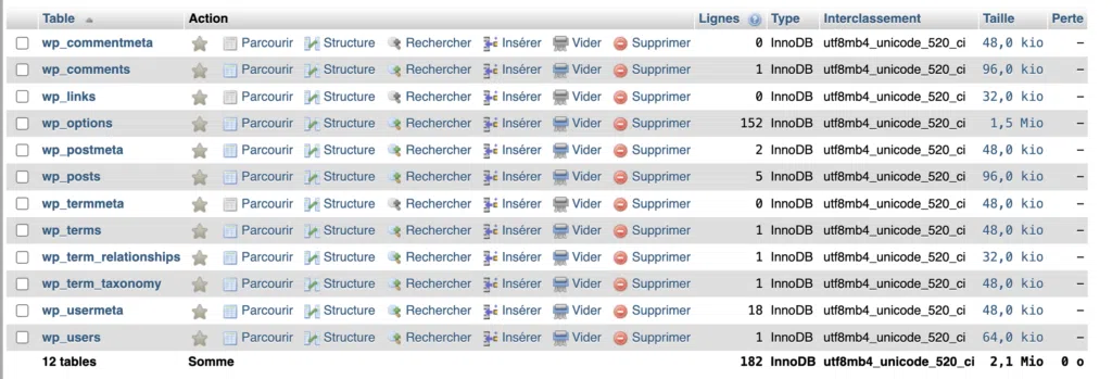 Liste des tables WordPress avec le préfixe wp_ dans phpMyAdmin.
