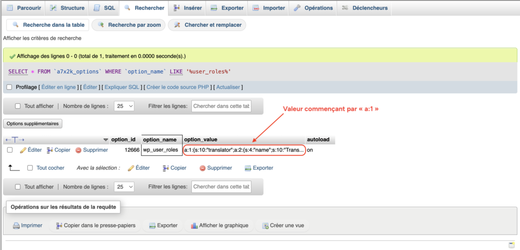 Valeur user_roles commençant par a:1 dans la table des options WordPress.