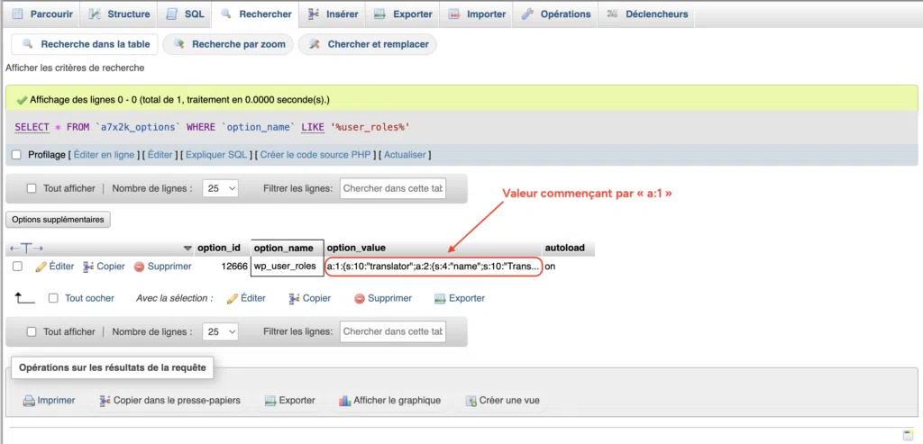 Valeur user_roles commençant par a:1 dans la table des options WordPress.