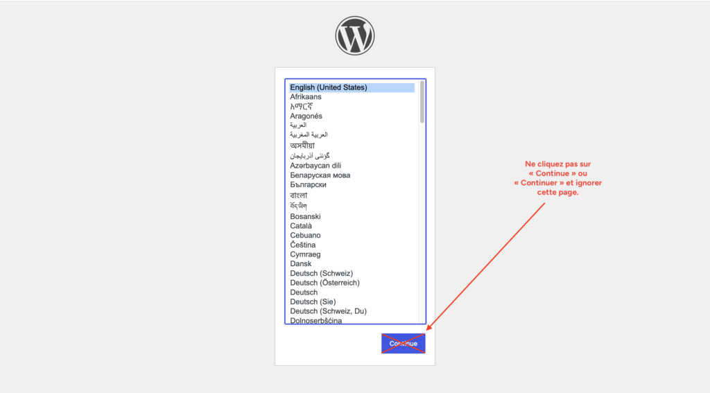 Écran d'installation de WordPress à ignorer après modification du préfixe de base de données.