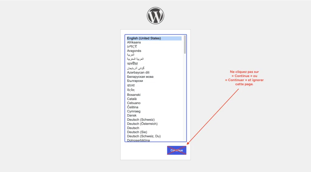 Écran d'installation de WordPress à ignorer après modification du préfixe de base de données.