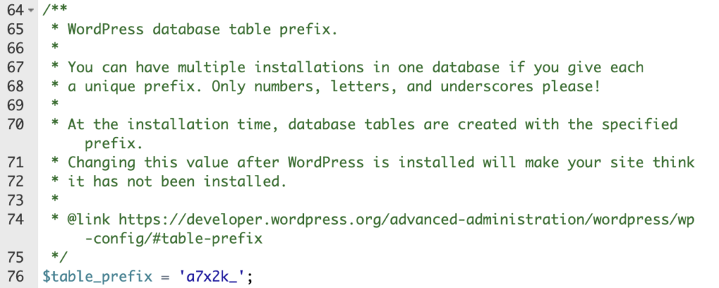 Ligne table_prefix modifiée dans wp-config.php avec le nouveau préfixe de base de données.