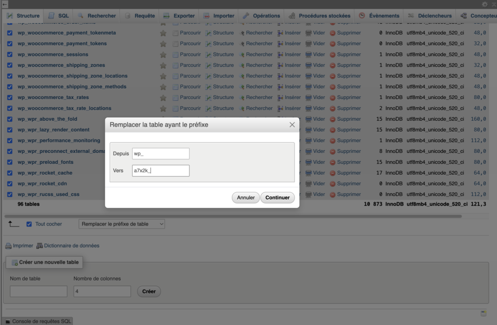 Remplacement du préfixe wp_ par le nouveau préfixe de base de données dans phpMyAdmin.