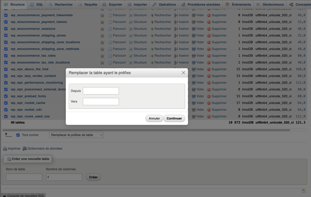 Fenêtre de remplacement du préfixe de table vide dans phpMyAdmin.