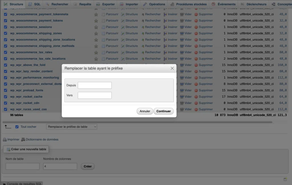 Fenêtre de remplacement du préfixe de table vide dans phpMyAdmin.
