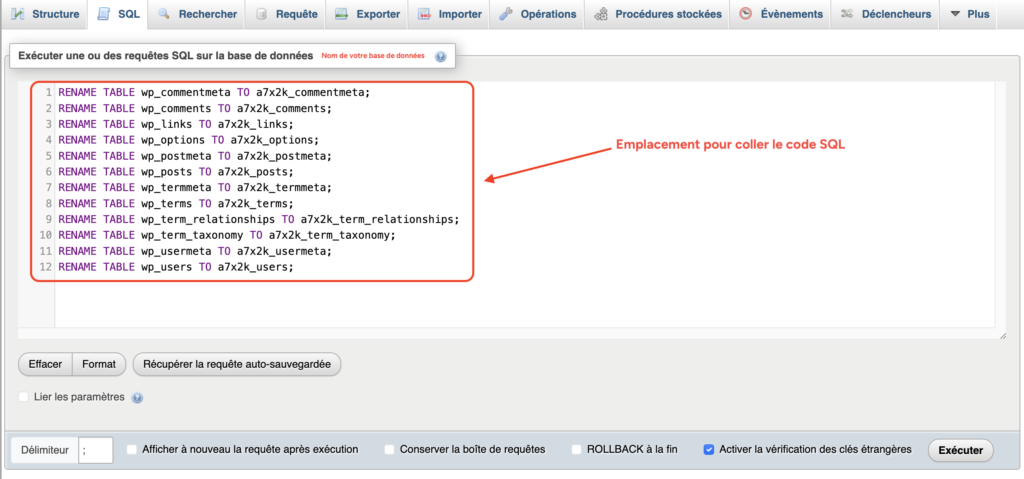 Requêtes RENAME TABLE dans l'onglet SQL de phpMyAdmin pour changer le préfixe.