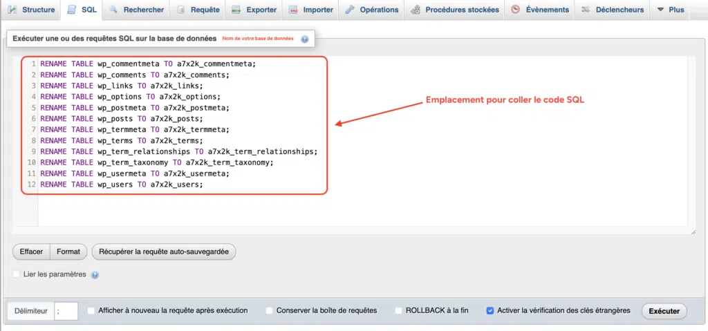 Requêtes RENAME TABLE dans l'onglet SQL de phpMyAdmin pour changer le préfixe.