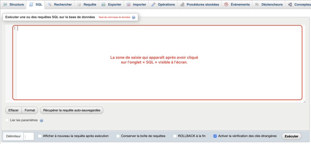 Onglet SQL vide de phpMyAdmin pour la méthode de renommage par requêtes.