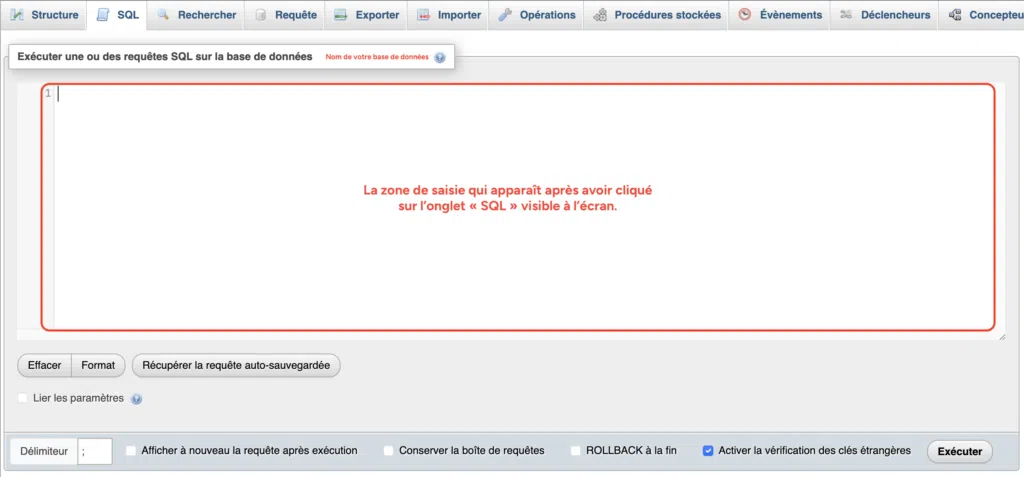 Onglet SQL vide de phpMyAdmin pour la méthode de renommage par requêtes.