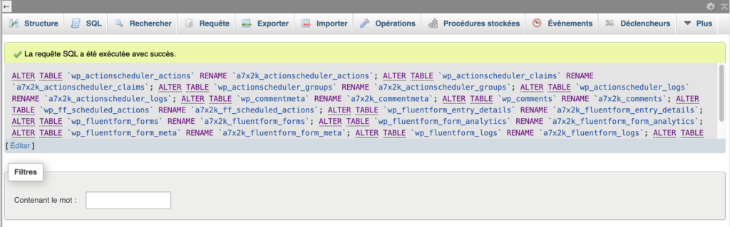Confirmation du renommage des tables WordPress dans phpMyAdmin.