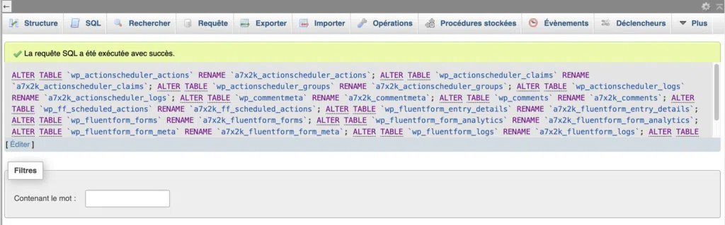 Confirmation du renommage des tables WordPress dans phpMyAdmin.