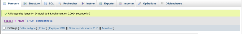 Table renommée avec le nouveau préfixe de base de données affichée dans phpMyAdmin.